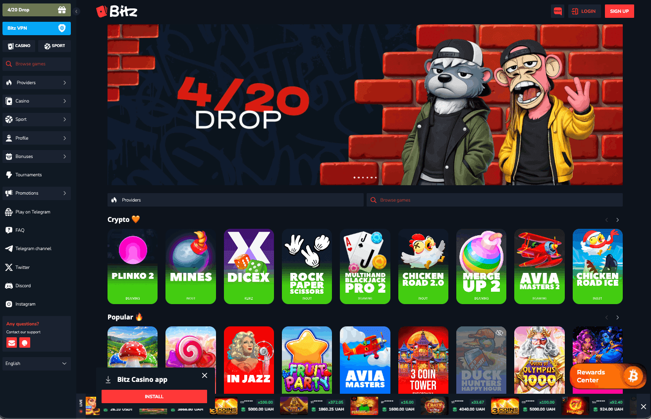 Interfejs kasyna Bitz.io Casino