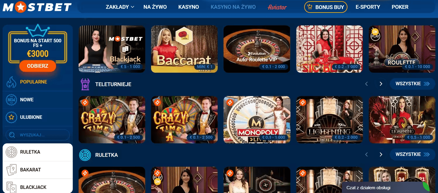 Interfejs kasyna MostBet Casino