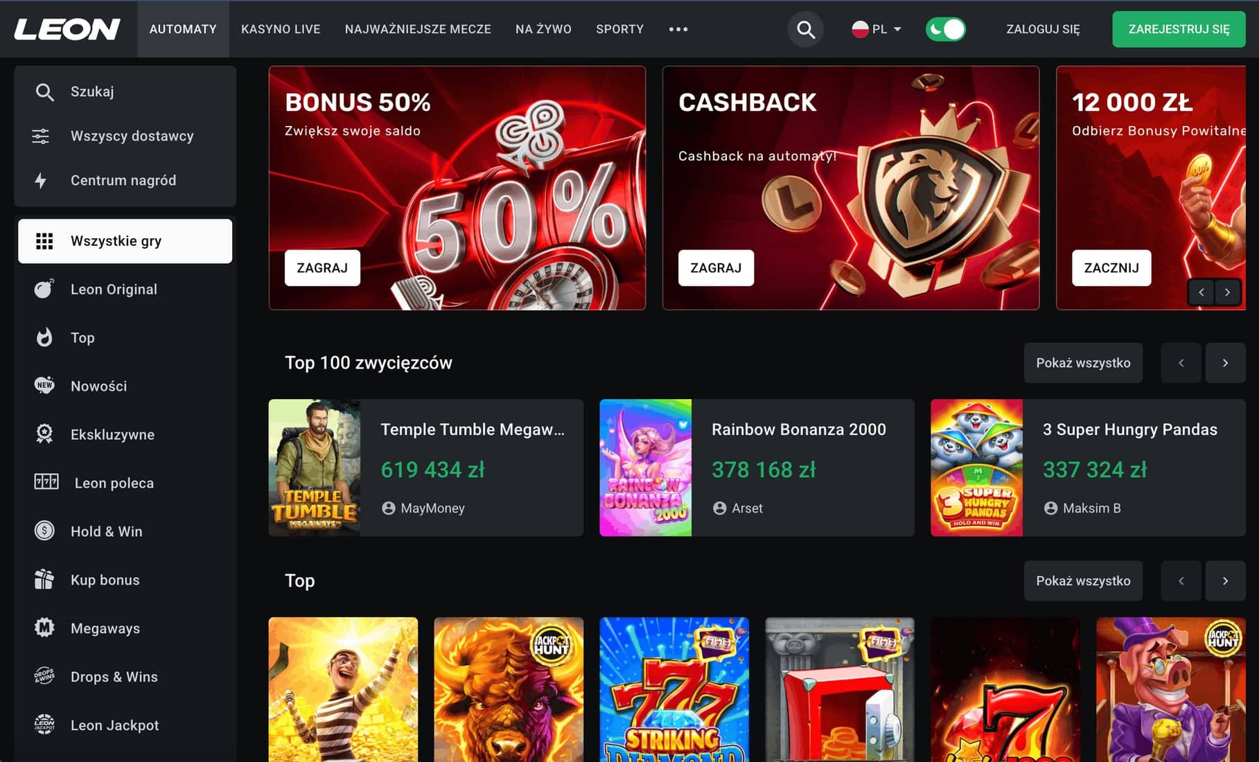 Interfejs kasyna Leon Casino